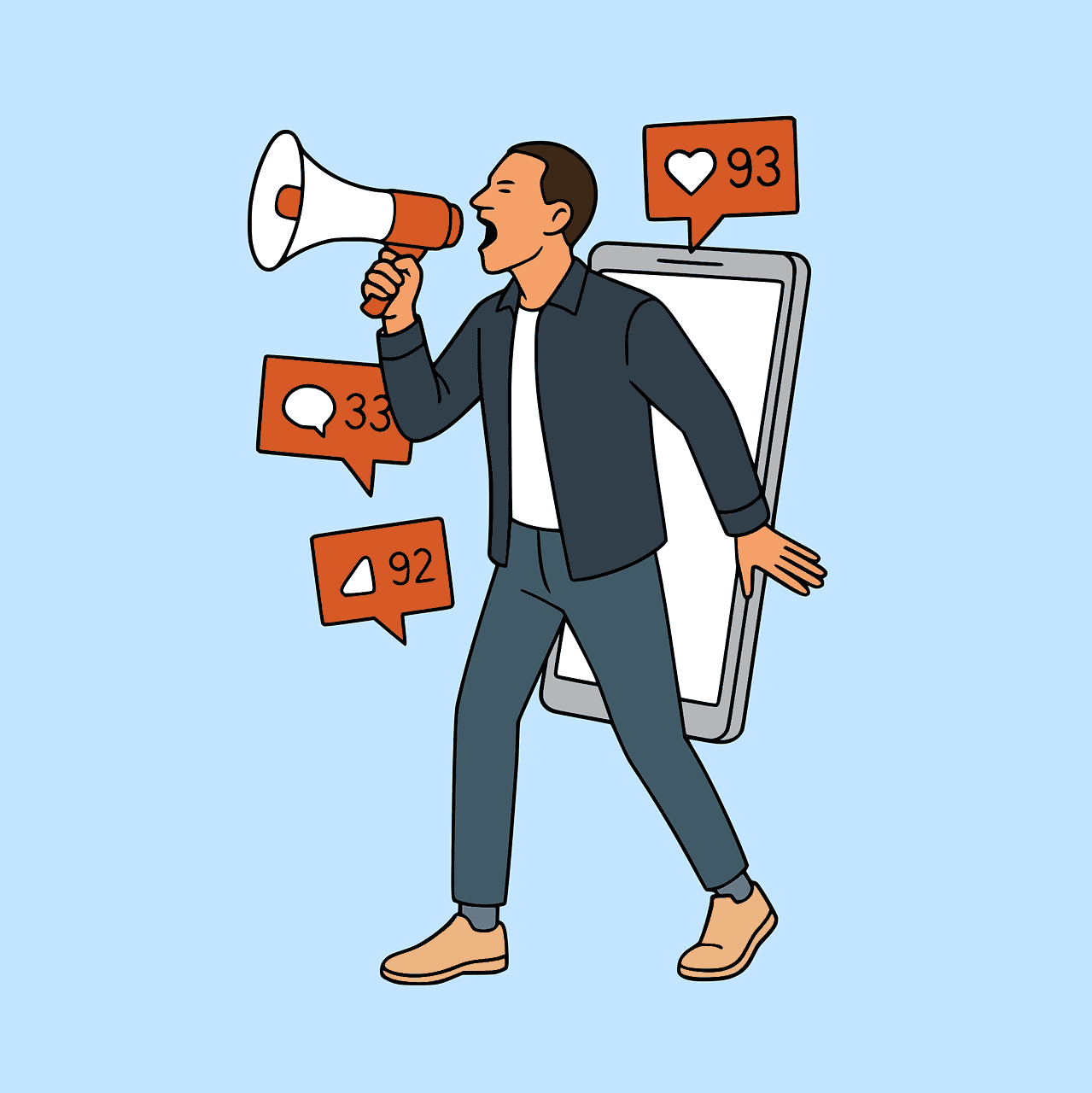 Illustration of a person with a megaphone emerging from a mobile phone surrounded by social media notifications